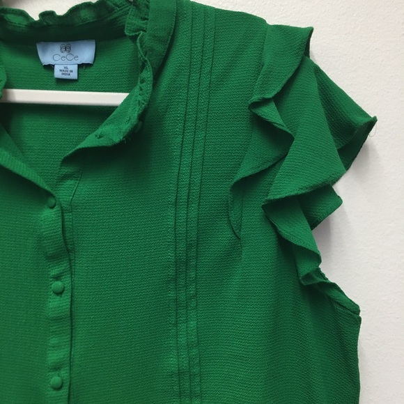Cece Ruffle Sleeve Button Down Blouse XL Green Stretchy Office Workwear - Picture 4 of 8